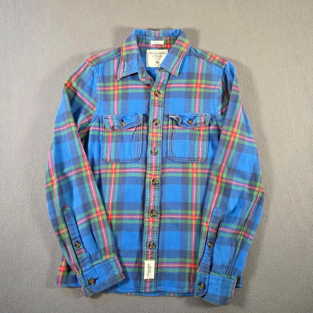Abercrombie & Fitch Shirt Mens Medium Blue Plaid Cotton Flannel Muscle Thick